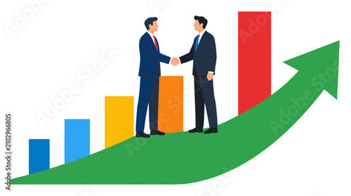 Two Professional Businessmen in Suits Shaking Hands Standing on Giant Rising Green Arrow with Colorful Growth Bar Charts, Symbolizing Strategic Corporate Partnership, Financial Success and Modern