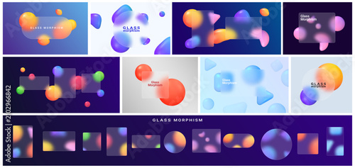 Glass morphism compositions. Vector blurred crystal panels in rectangle and square, oval and ellipse shapes. Translucent surfaces floating above geometric elements. Digital interface structures