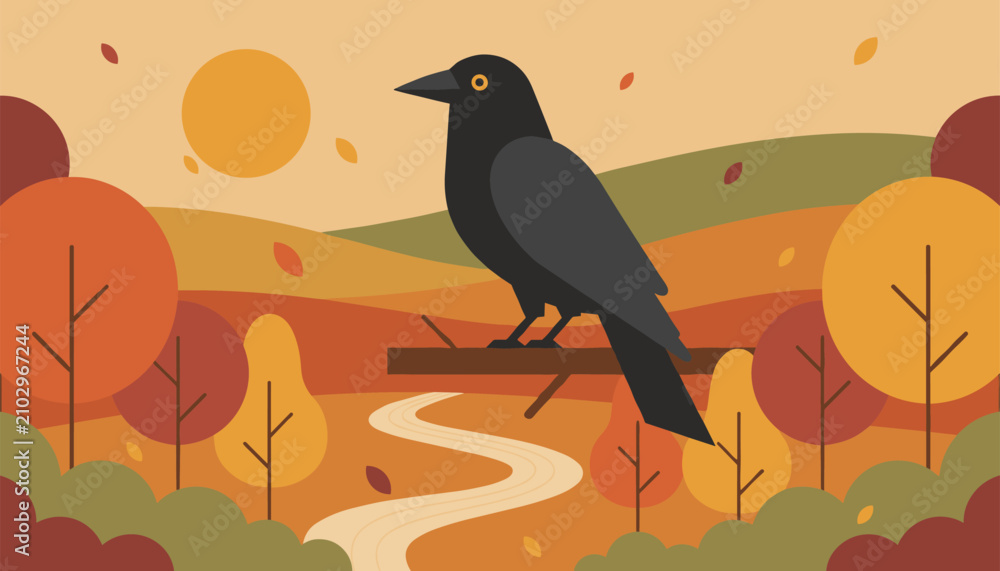 Fototapeta premium Black crow perched on a wooden branch in a scenic autumn landscape with colorful trees and a winding river path.