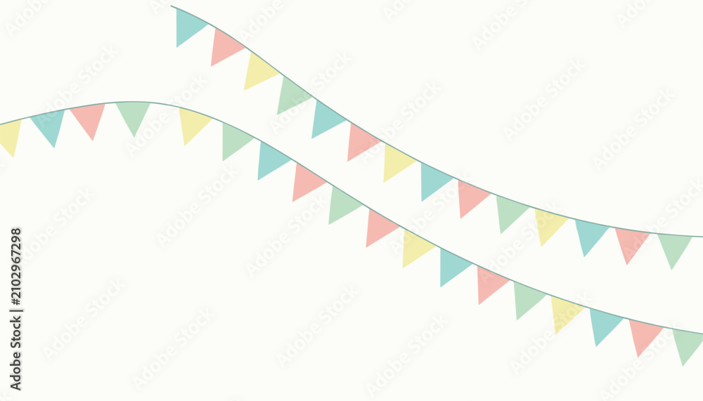 Obraz premium Two elegant strings of pastel colored bunting garland flags hanging in curved lines against a clean off-white background.