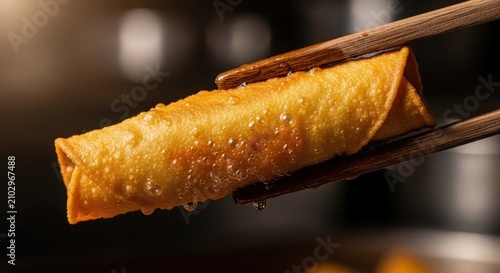 Crispy Golden Egg Roll Held by Chopsticks in Close-Up Shot.