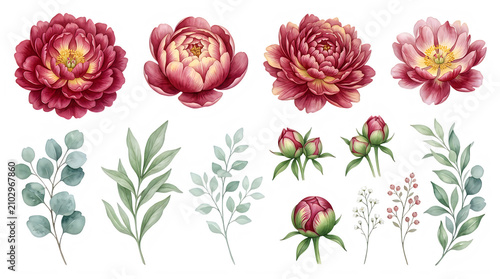 Watercolor Illustration of Pink Roses and Botanical Leaves on White Background