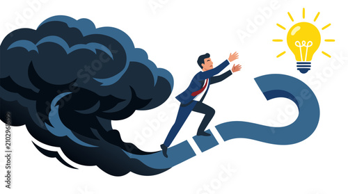Businessman Emerging From Dark Storm Cloud Reaching Toward Glowing Light Bulb on Blue Question Mark Staircase, Overcoming Crisis and Challenges to Find Innovation Solution and Success Concept