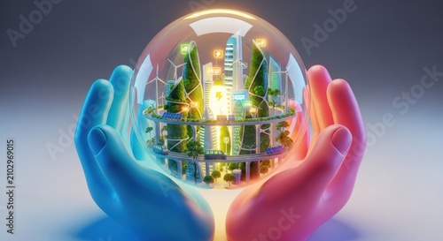 Hands holding glowing cityscape globe.
