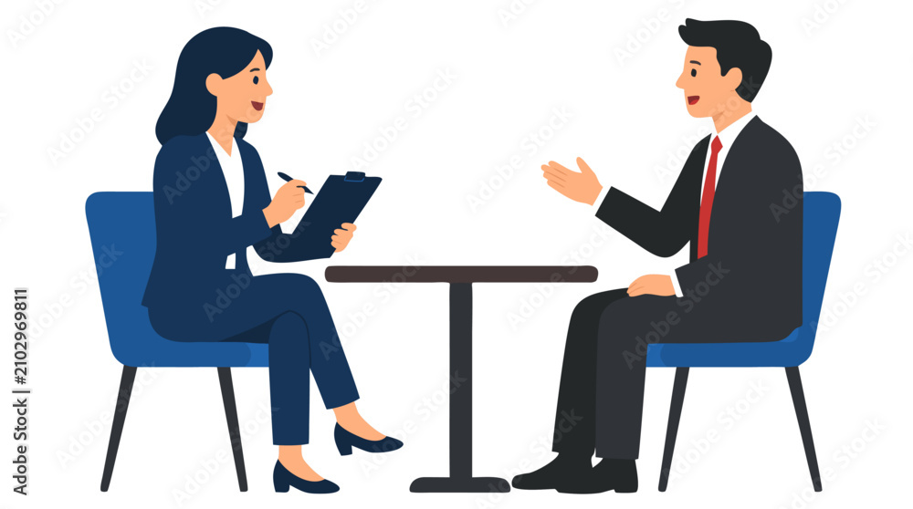 Fototapeta premium Professional Business Job Interview with Two Business People Sitting at Small Table, Female HR Manager with Clipboard Asking Male Candidate Questions in Corporate Office, Vector Illustration