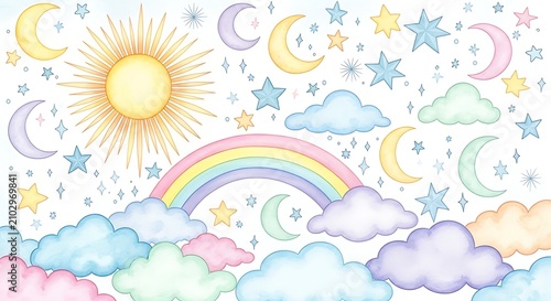 Pastel Watercolor Rainbow and Celestial Sky Elements Floating Among Soft Clouds