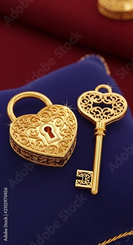 Ornate Gold Heart Padlock and Skeleton Key Resting on Blue Velvet Fabric