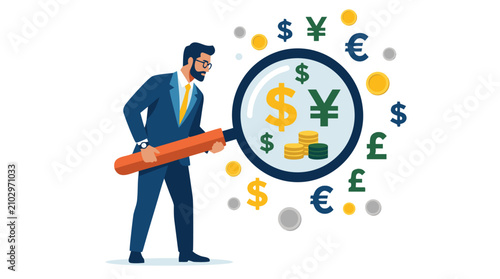 Professional Businessman in Blue Suit Using Oversized Magnifying Glass to Examine Floating Dollar Euro Yen Pound Currency Symbols and Shiny Gold Coins, Financial Investment Market Analysis