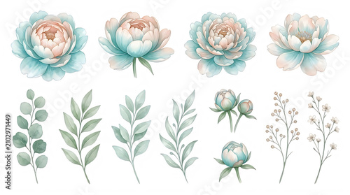 Watercolor Illustration of Pink Peony Flowers and Botanical Leaves Isolated on White Background