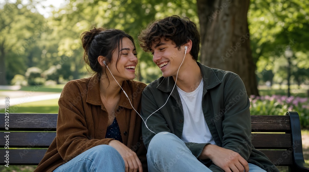 Obraz premium A smiling young couple shares wired earbuds on a park bench under leafy trees, useful for campaigns about music, dating, friendship, or outdoor leisure.