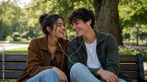 A smiling young couple shares wired earbuds on a park bench under leafy trees, useful for campaigns about music, dating, friendship, or outdoor leisure.