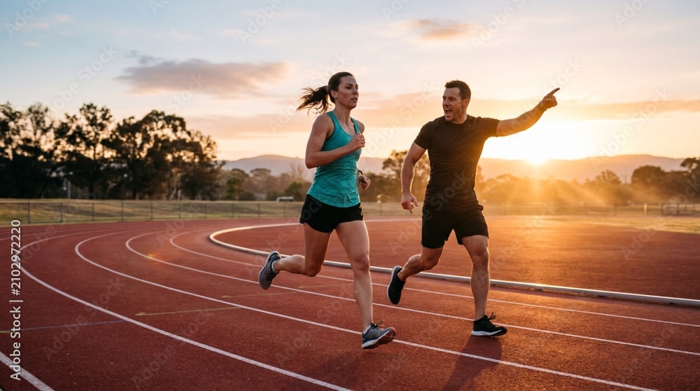 Fototapeta premium Two adult runners train on a red athletics track at sunset, with one man pointing ahead, useful for fitness, teamwork, coaching, and motivation campaigns.