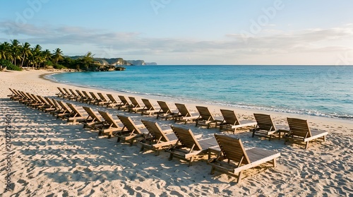 Rows of wooden lounge chairs line a quiet tropical beach beside turquoise water and palm trees, ideal for resort travel, vacation, and hospitality promotions.