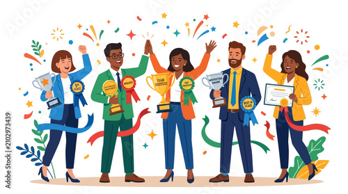 Diverse Team Celebrates Success with Trophies and Confetti - Victory!