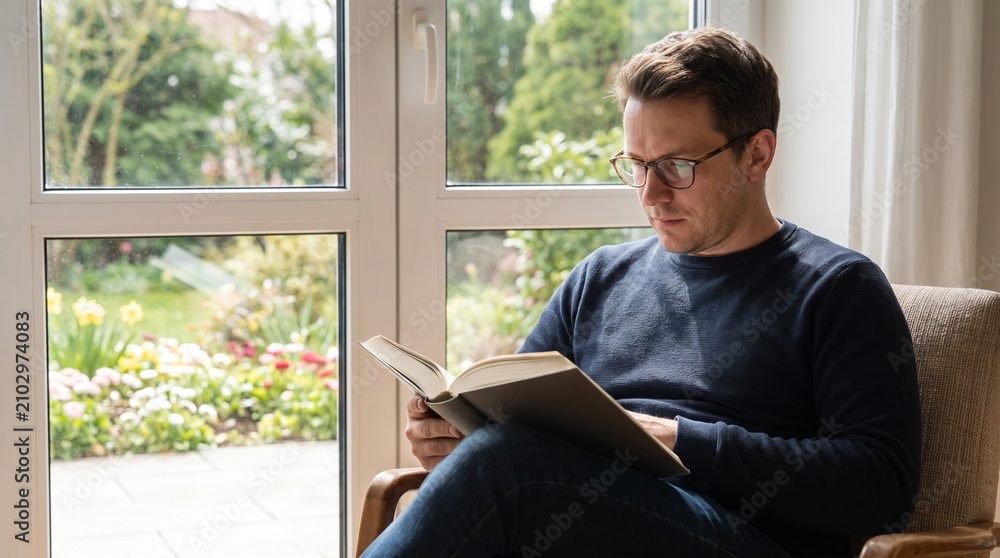 Fototapeta premium Man wearing glasses reading a book while sitting in a chair by a window with a garden view