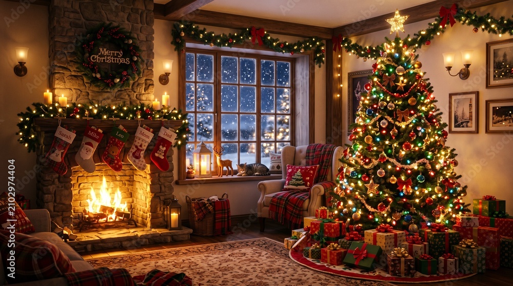Obraz premium Cozy Christmas Living Room Scene With Fireplace Tree And Snowing Window