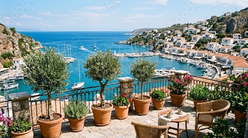 A sunny terrace with potted olive trees and wicker chairs overlooks a turquoise Mediterranean harbor of sailboats and white hillside houses, ideal for luxury travel promotion.