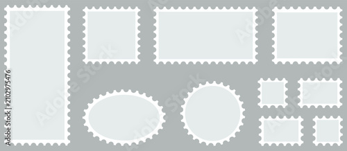 Blank postage stamp templates set with perforated edges in various shapes including rectangle square oval and circle vector frames for mail design