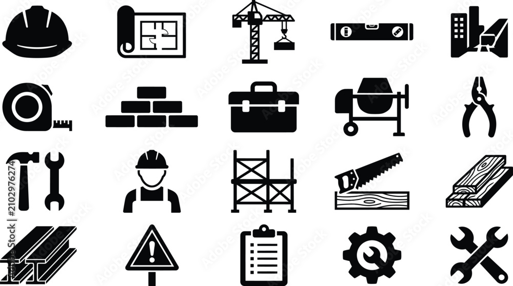 Fototapeta premium Construction icons set, architecture and building tools icon collection, black silhouettes vector
