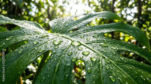 Dewy tropical split leaf fills a lush rainforest scene, ideal for wellness, eco branding, skincare, or nature themed background designs.