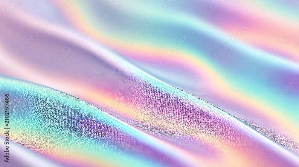 Obraz premium A close-up shot of soft, draped iridescent holographic fabric catching the light with pastel rainbow gradients of purple, blue, and pink.