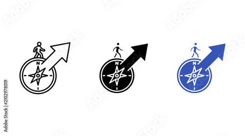 Business direction and strategic navigation icon set featuring a person walking on a compass with an upward diagonal arrow pointing north-east in line, glyph, and flat design styles