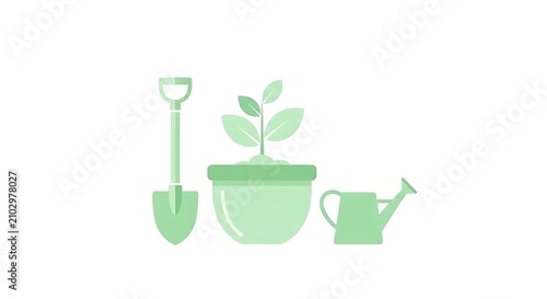 Minimal Green Gardening Tools and Potted Seedling Arranged on White Background