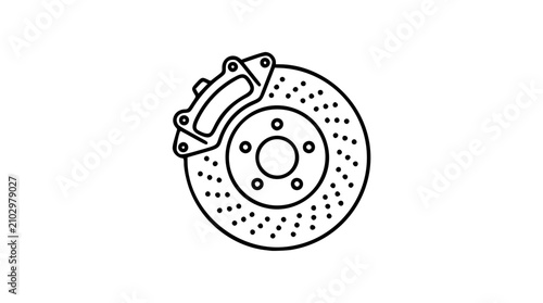 Brake Disc with Caliper Vector Icon. Minimalist Line Art Illustration of Automotive Brake Rotor and Braking System Component. Clean Scalable Outline Design for Car Parts and Vehicle Maintenance.