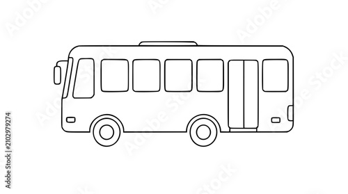 Minimalist vector bus icon illustration with clean line art outline of public transport vehicle featuring wheels, windows and doors, ideal for travel apps, transit maps and transportation design.