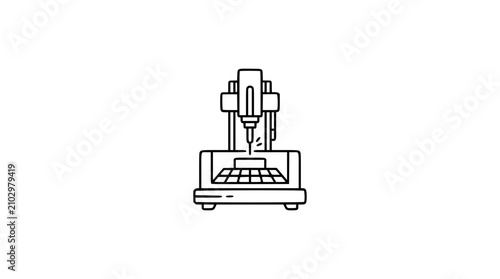Industrial CNC milling machine vector icon, minimalist line art illustration of a precision manufacturing tool, clean scalable symbol for engineering, factory equipment, and metalworking technology