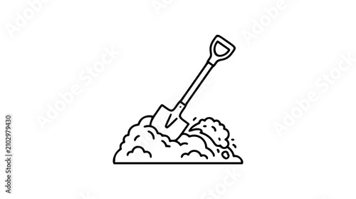 Minimalist vector icon of shovel digging into soil, hand-drawn line art illustration with gardening tool in dirt mound, clean scalable outline design for landscaping, construction and outdoor work
