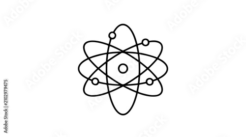 Minimalist atom vector icon illustration featuring a central nucleus surrounded by three distinct orbiting electron paths in a clean black and white line art style for scientific and physics designs.