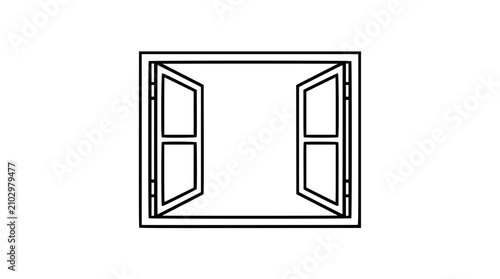 Fotografía Minimalist open window vector icon illustration, simple black line art design of a casement window frame with two open shutters, isolated on white background for architectural or home decor projects