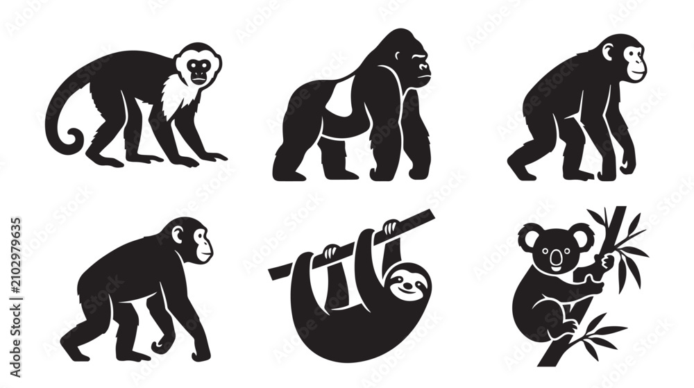 Obraz premium Minimalist monkey and primate icon set, black silhouette gorilla and chimpanzee vectors, wild animal collection with sloth and koala illustrations