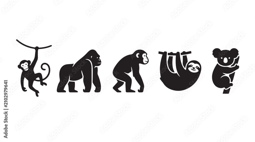 Obraz premium Minimalist wild animal silhouettes, black monkey and gorilla icons, set of 5 jungle wildlife vector illustrations for logo design