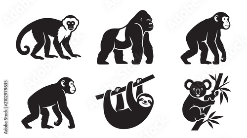 Cuadro en lienzo Minimalist monkey and primate icon set, black silhouette gorilla and chimpanzee