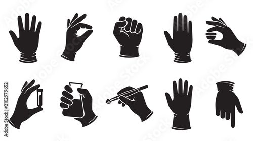 Konstfotografi Black protective gloves icons set, medical and laboratory rubber glove silhouett