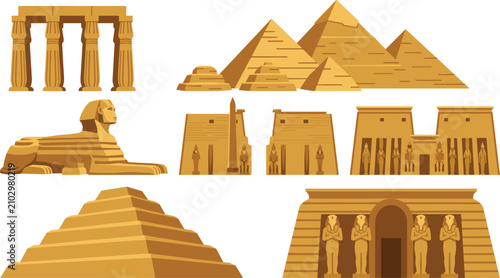 Foto Ancient Egypt landmarks and architecture vector illustration set featuring Great Pyramids of Giza, Sphinx, Luxor Temple, and Step Pyramid isolated on white background