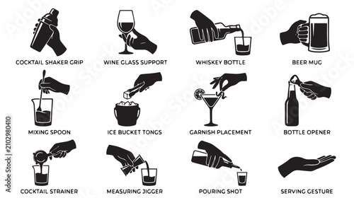 Bild auf Leinwand Bartender hand gestures and barware icons, set of 12 cocktail preparation silhou