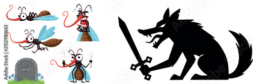 фотографія Cartoon Mosquito Character Vector Set with Tombstone and Black Silhouette Wolf H