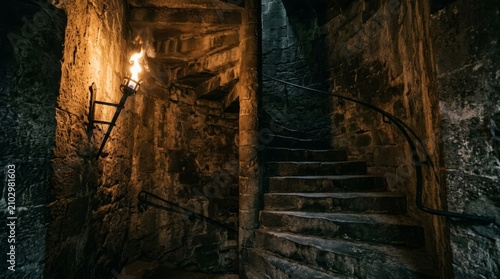 A stone staircase winds up in a dark cave lit by a torch.