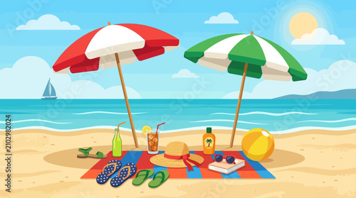 A vibrant digital illustration depicts two colorful beach umbrellas standing on a sandy shore under a bright blue sky with fluffy clouds.