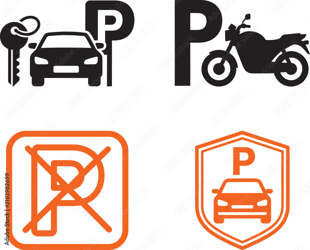 Naklejka premium Vector parking icons set with car motorcycle key no parking sign and secure parking shield