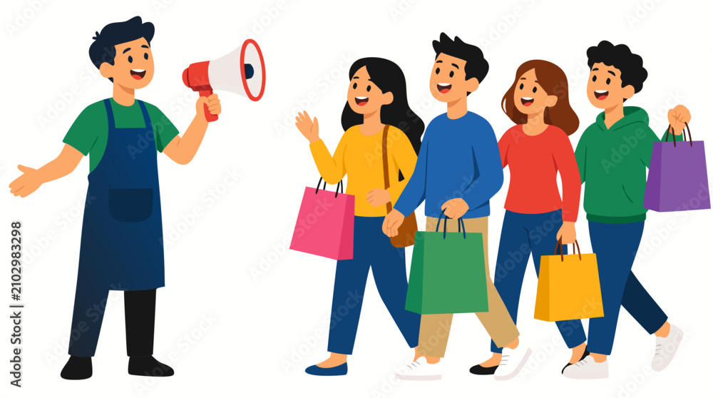 Fototapeta premium Smiling Shopkeeper Holding Megaphone Promoting Retail Sale to Happy Customers Carrying Shopping Bags, Flat Vector Illustration of Commerce, Marketing, Consumerism and Retail Business