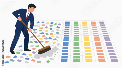 Businessman Sweeping Messy Data Spreadsheet Clean, Organizing Chaotic Information into Neat Colorful Columns, Data Cleaning Analytics Concept, Corporate Office Organization Vector Illustration