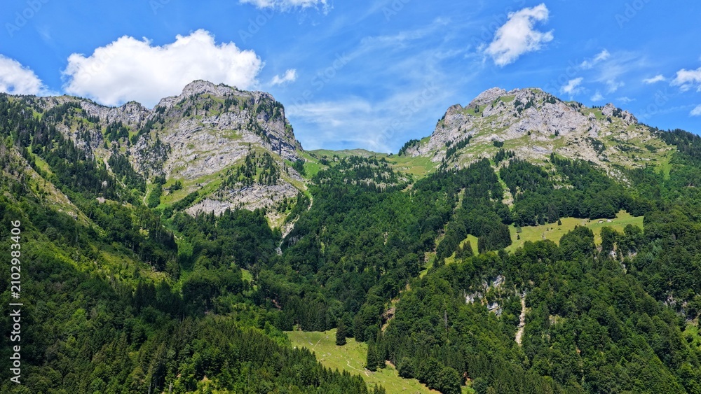 Obraz premium Rugged Swiss Alpine Peaks Above Lush Mountain Forest