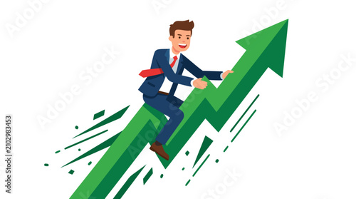 A confident businessman in a blue suit riding a large green upward arrow like a rocket, symbolizing rapid business growth, financial success, and stock market gains in a flat vector style.