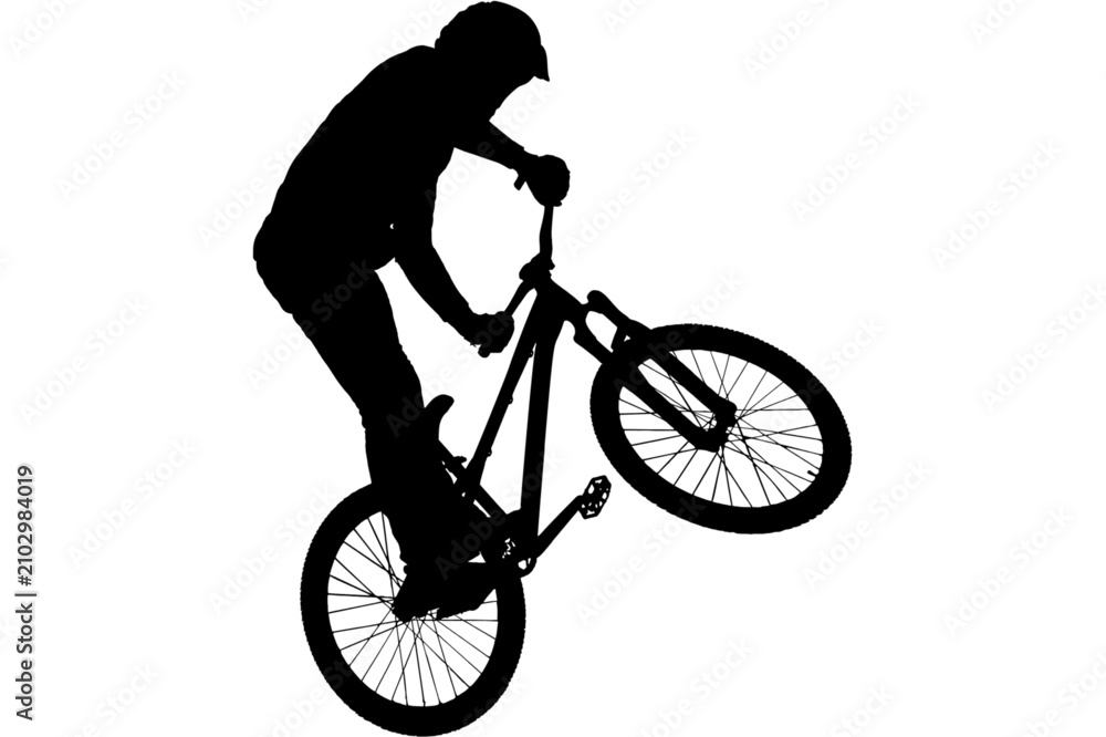 Fototapeta premium Silhouette of a mountain biker performing a wheelie. Extreme cyclist doing a stunt trick.