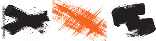 Grunge brush stroke vector set with black cross orange textured scratch and curved ink paint elements