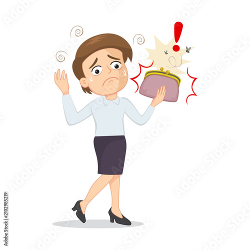 Quadro su tela Cartoon Woman Showing Empty Money Pockets.